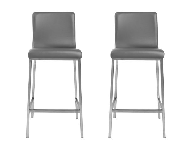 Set of Two 26" Gray And Silver Faux Leather And Steel Low Back Counter Height Bar Chairs - Image 2