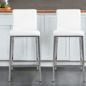 Set of Two 26" White And Silver Steel Low Back Counter Height Bar Chairs