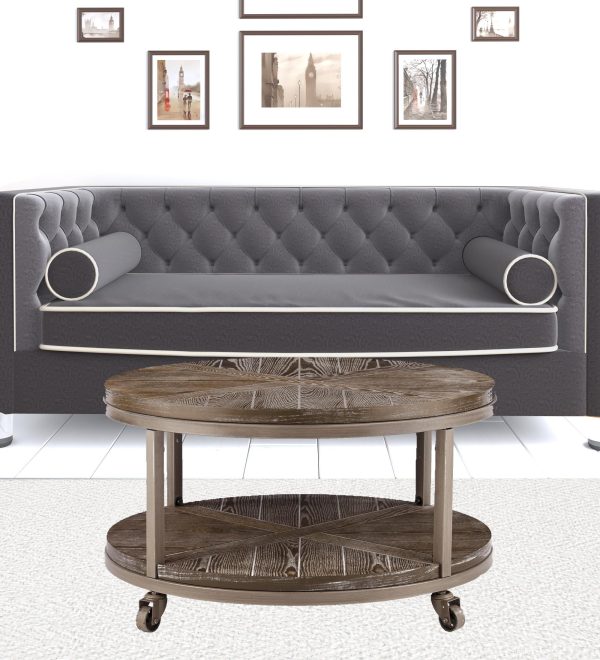 32" Brown Rustic and Distressed Round Two Tier Rolling Coffee Table - Image 3