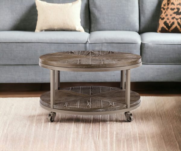 32" Brown Rustic and Distressed Round Two Tier Rolling Coffee Table - Image 2