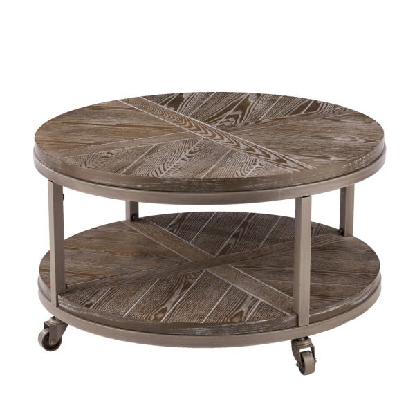 32" Brown Rustic and Distressed Round Two Tier Rolling Coffee Table - Image 4