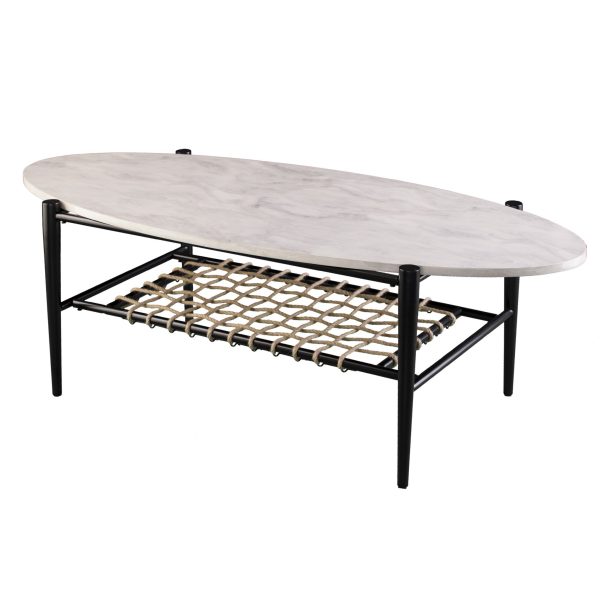 52" Black and White Metal and Faux Marble Boho Rope Oval Coffee Table - Image 3