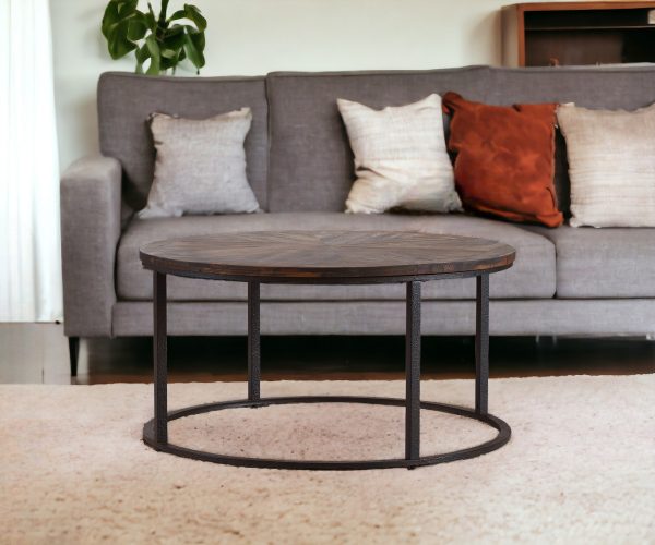 36" Natural And Brown Reclaimed Wood And Metal Round Coffee Table - Image 2