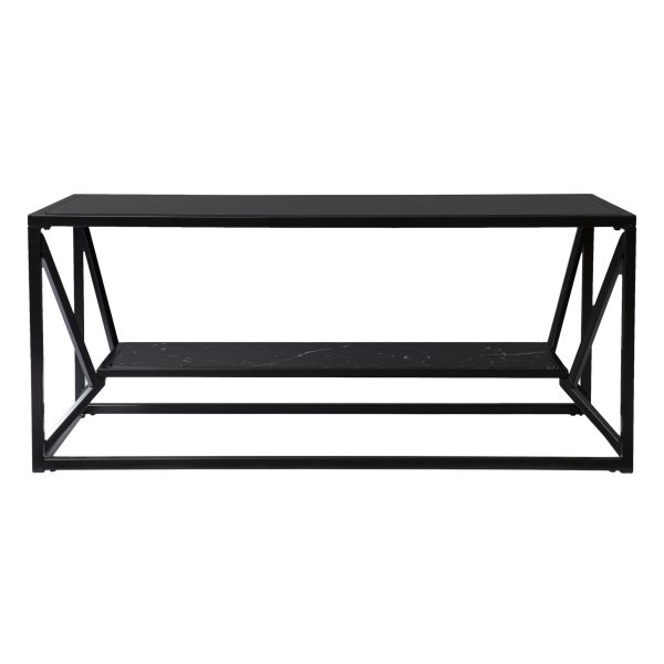 42" Black Glass Faux Marble And Metal Coffee Table With Shelf - Image 2