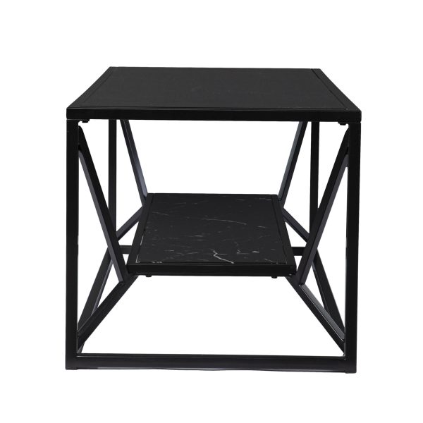 42" Black Glass Faux Marble And Metal Coffee Table With Shelf - Image 3