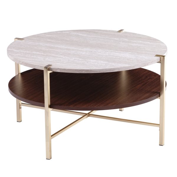 33" Brass Solid Manufactured Wood And Metal Round Coffee Table - Image 2