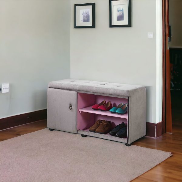 Light Gray and Pink Tufted Shoe Storage Bench - Image 2