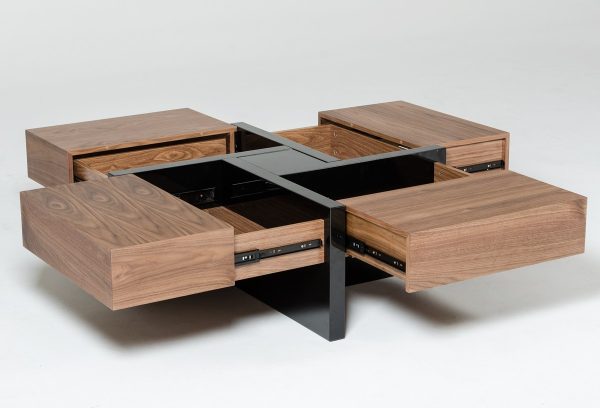 39" Brown and Black and Black Square Coffee Table with Four Drawers - Image 3