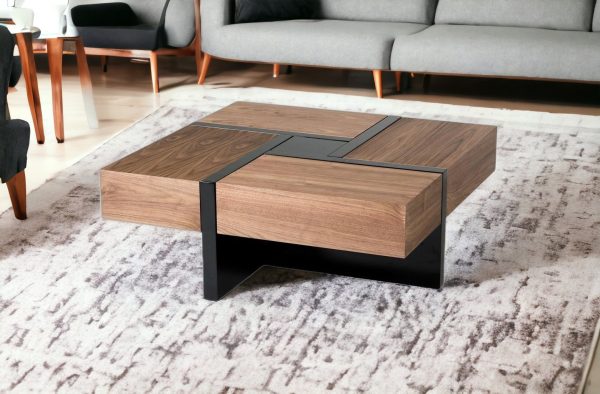 39" Brown and Black and Black Square Coffee Table with Four Drawers - Image 2