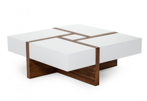39" Brown and White Wood Square Solid Coffee Table With Four Drawers - Image 3
