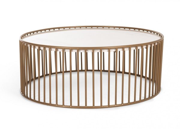 37" White and Gold Faux Marble And Metal Round Frame Coffee Table - Image 3