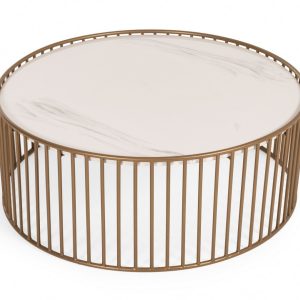37" White and Gold Faux Marble And Metal Round Frame Coffee Table