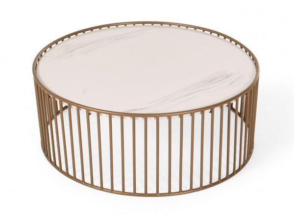 Modern Round White and Gold Faux Marble Coffee Table - Image 4
