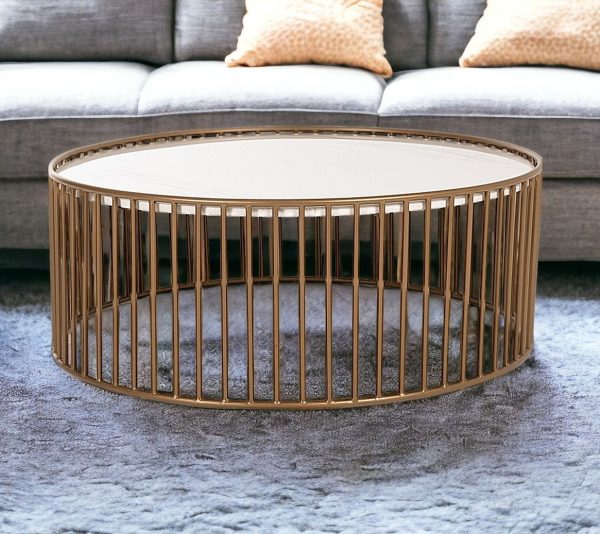 37" White and Gold Faux Marble And Metal Round Frame Coffee Table - Image 2