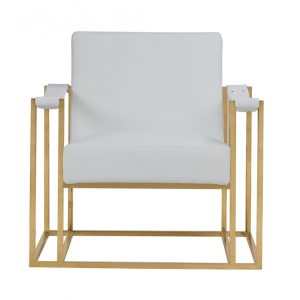 31" White And Gold Faux Leather Lounge Chair