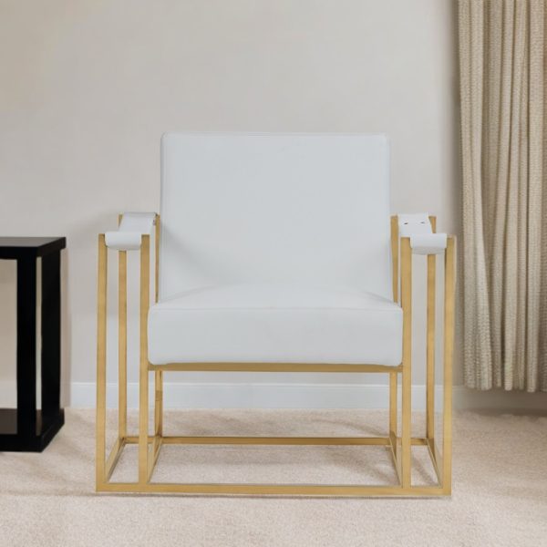 31" White And Gold Faux Leather Lounge Chair - Image 2