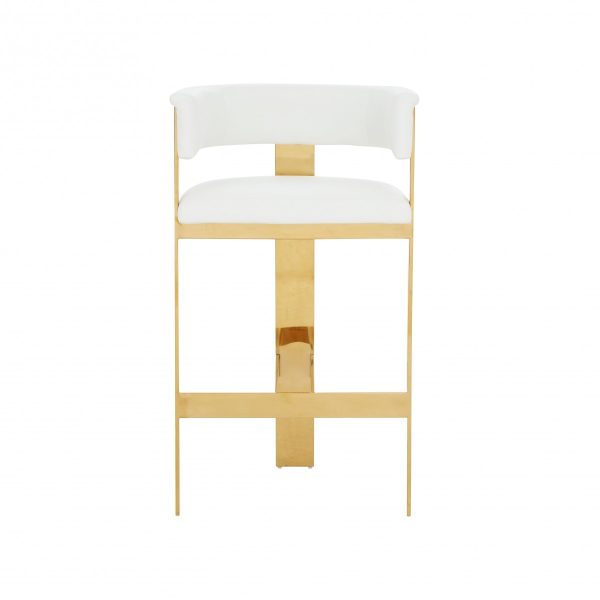 31" White And Gold Faux Leather And Stainless Steel Low Back Bar Height Bar Chair - Image 3