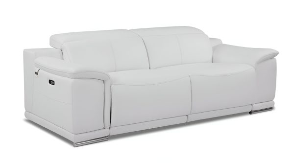 86" White Italian Leather USB Reclining Sofa With Silver Legs - Image 3