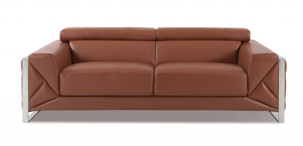 Two Piece Indoor Camel Italian Leather Five Person Seating Set - Image 4