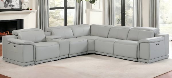 Light Gray Italian Leather Power Reclining U Shaped Six Piece Corner Sectional With Console - Image 2