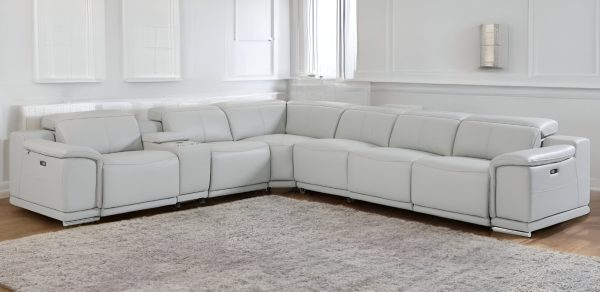 Light Gray Italian Leather Power Reclining U Shaped Seven Piece Corner Sectional With Console - Image 2