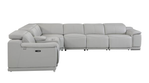 Light Gray Italian Leather Power Reclining U Shaped Seven Piece Corner Sectional With Console - Image 3