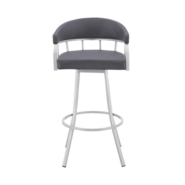 30" Slate Gray And Silver Faux Leather And Iron Swivel Low Back Bar Height Bar Chair - Image 3
