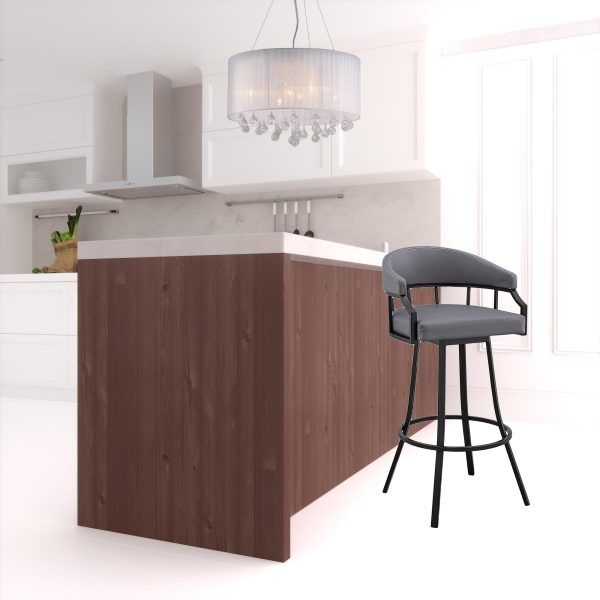 30" Slate Gray And Black Faux Leather And Iron Swivel Low Back Bar Height Bar Chair - Image 2