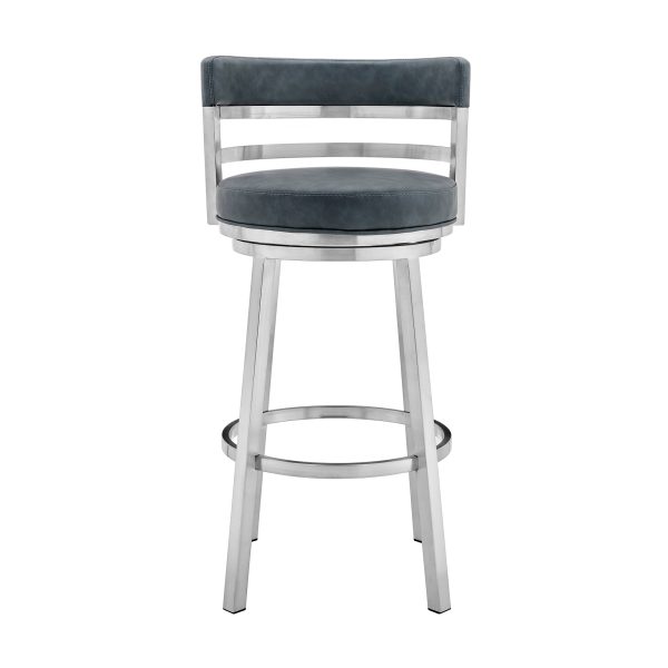 26" Blue and Silver Faux Leather and Stainless Steel Low Back Counter Height Swivel Bar Chair - Image 3