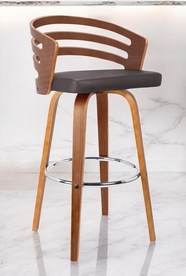 30" Brown Fabric and Iron Low Back Bar Height Swivel Bar Chair - Image 2