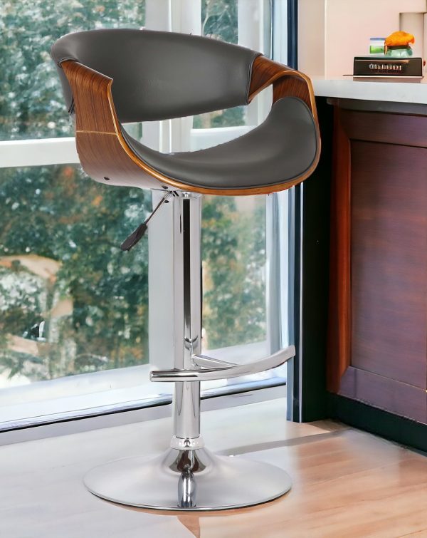 24" Gray And Silver Solid Wood Swivel Low Back Adjustable Height Bar Chair - Image 2