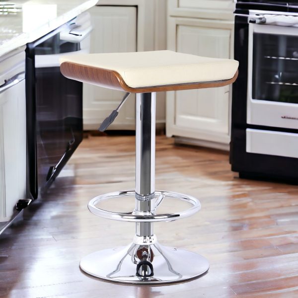 Cream and Silver Fabric and Iron Backless Adjustable Height Bar Chair - Image 2
