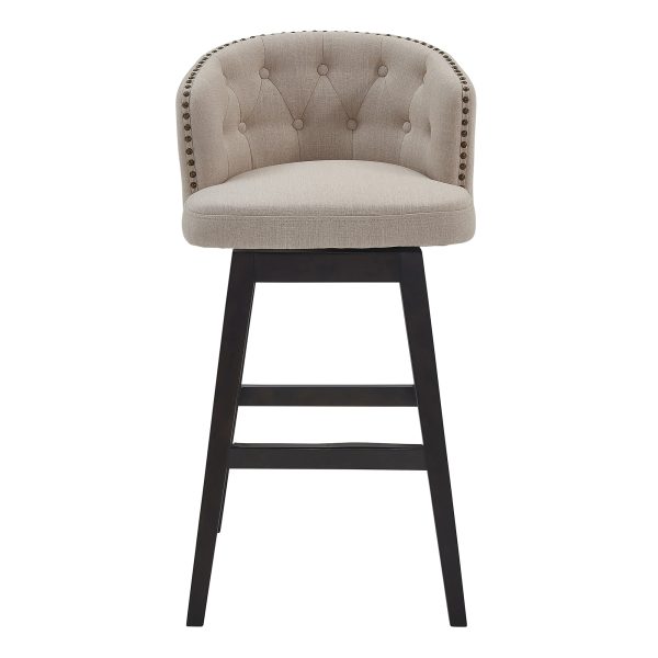26" Tan And Espresso Solid Wood Swivel Low Back Counter Height Bar Chair - Image 2