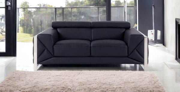 75" Black And Silver Italian Leather Loveseat - Image 2