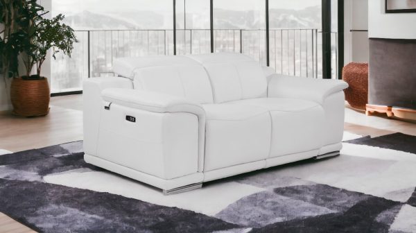 72" White And Silver Italian Leather Power Reclining Loveseat - Image 2