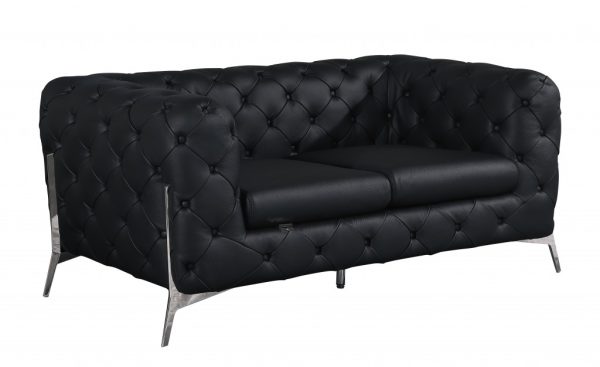 69" Black And Silver Italian Leather Loveseat - Image 3