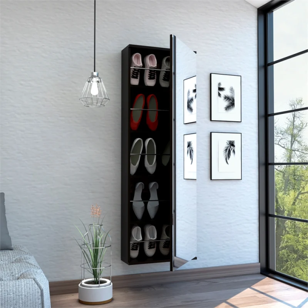 Stylish Black Wengue  Wall Mounted Shoe Rack with Mirror - Image 3