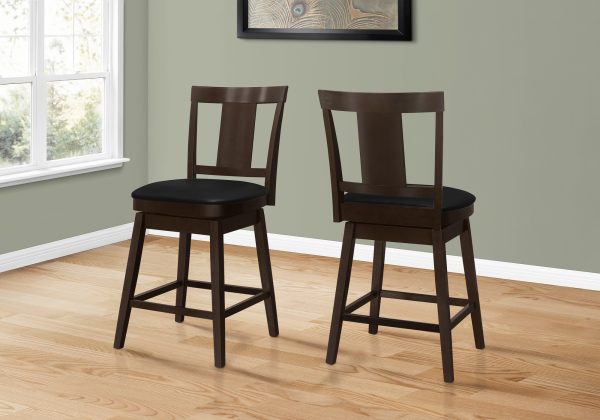 Set of Two 23 " Black And Espresso Faux Leather And Solid Wood Swivel Counter Height Bar Chairs - Image 2
