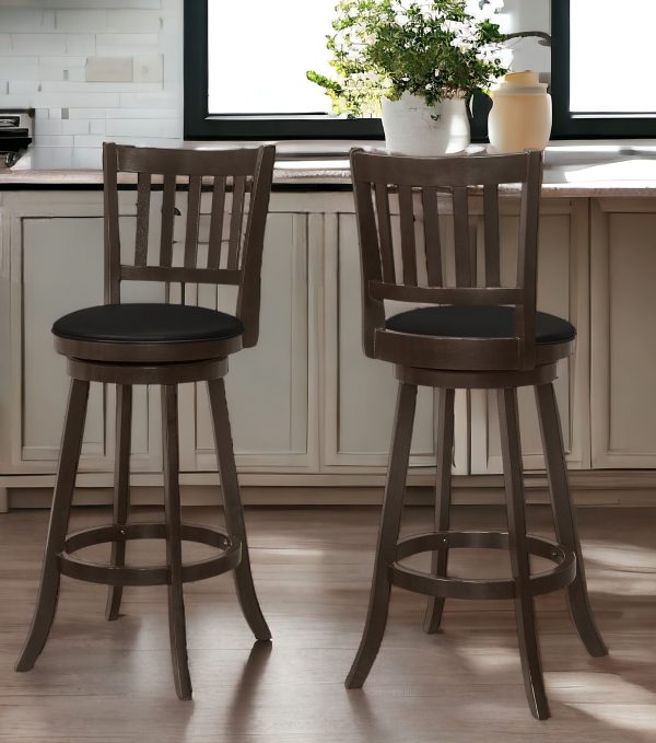 Set of Two 29 " Black And Espresso Faux Leather And Solid Wood Swivel Bar Height Bar Chairs - Image 2