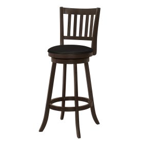 Set of Two 29 " Black And Espresso Faux Leather And Solid Wood Swivel Bar Height Bar Chairs