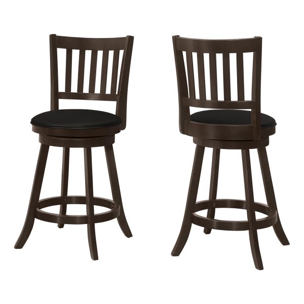 Set of Two 23 " Black And Espresso Faux Leather And Solid Wood Swivel Counter Height Bar Chairs - Image 3