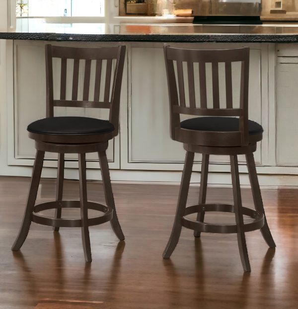 Set of Two 23 " Black And Espresso Faux Leather And Solid Wood Swivel Counter Height Bar Chairs - Image 2