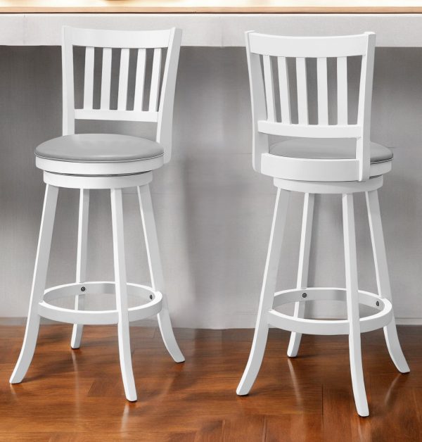 Set of Two 29 " Gray And White Faux Leather And Solid Wood Swivel Bar Height Bar Chairs - Image 2