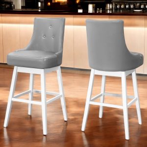 Set of Two 29 " Gray And White Faux Leather And Solid Wood Swivel Bar Height Bar Chairs