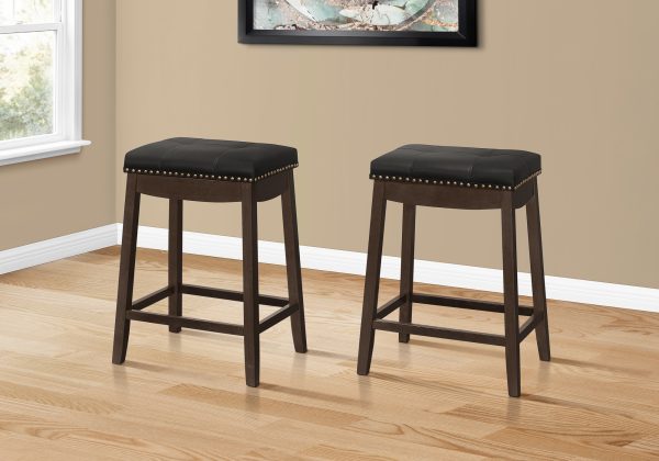 Set of Two 25 " Black And Espresso Faux Leather And Solid Wood Backless Counter Height Bar Chairs - Image 3