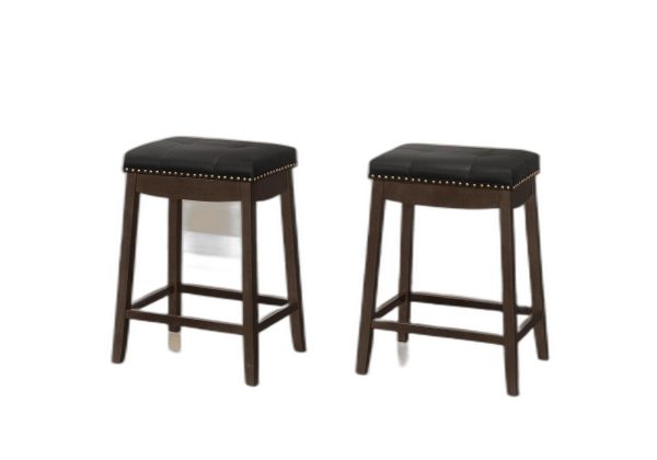 Set of Two 25 " Black And Espresso Faux Leather And Solid Wood Backless Counter Height Bar Chairs - Image 2