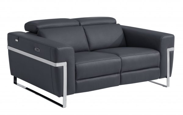 65" Gray And Silver Italian Leather Power Reclining Loveseat - Image 3
