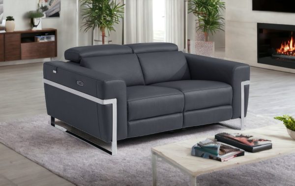 65" Gray And Silver Italian Leather Power Reclining Loveseat - Image 2