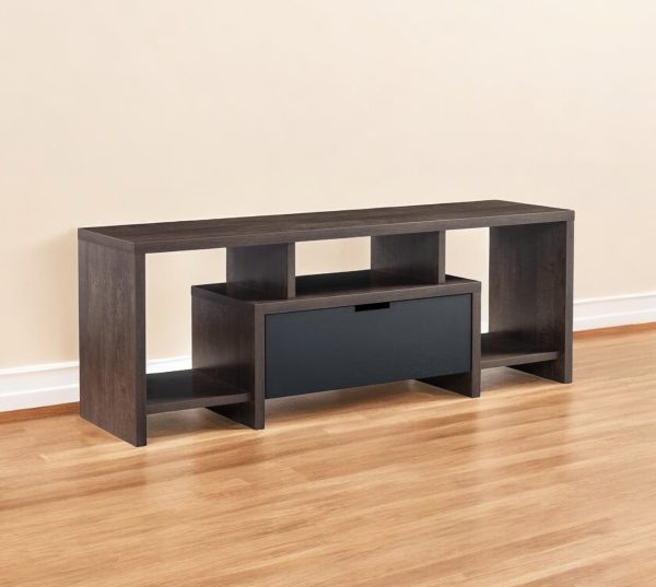 60" Walnut Oak And Black Manufactured Wood Cabinet Enclosed Storage TV Stand - Image 2