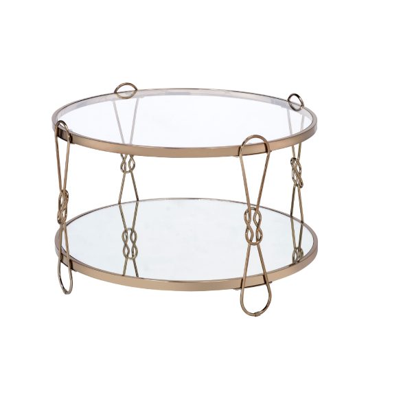 32" Silver and Champagne Mirrored Glass And Metal Round Frame Coffee Table With Shelf - Image 2